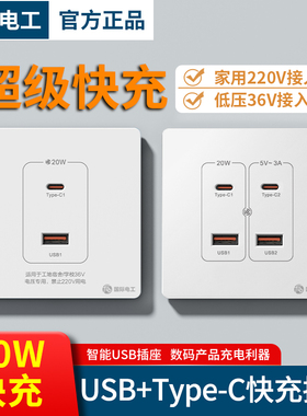 国际电工20W超级快充USB接口type-c插座白色二三四位暗装电源面板