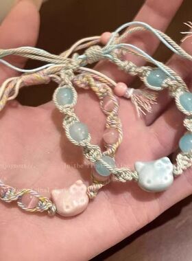 小猫可爱设计手链陶瓷新款情侣甜美编织手绳kiti猫咪小众手饰