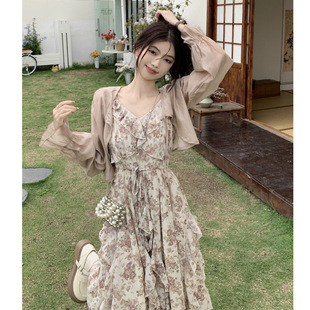女套裝 法式 開衫 裙夏季 荷葉邊飄逸吊帶裙 碎花連衣裙溫柔顯瘦長裙