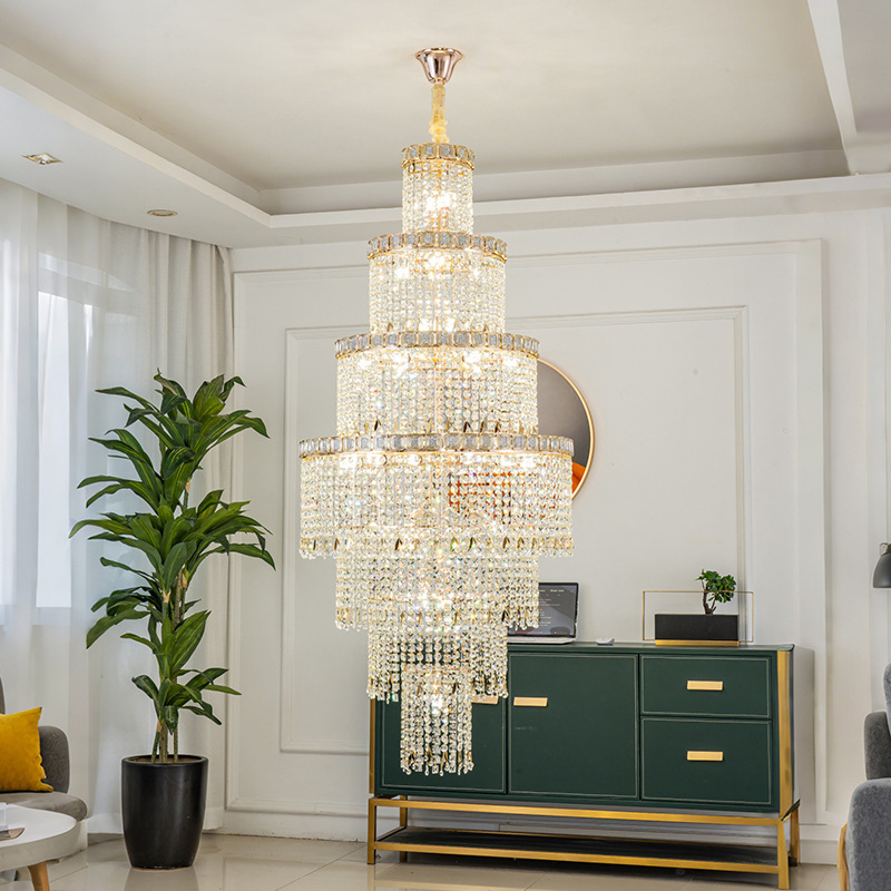 复式楼大吊灯法式轻奢现代别墅客厅中空楼中楼旋转水晶楼梯长吊灯