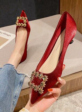 单鞋315-女高跟鞋酒杯跟结婚3cm16红色 网红婚鞋春秋秀禾