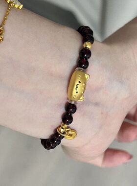 百搭手链百搭钱币法棍猫咪简约女女手饰手串沙金石榴红卡通礼物