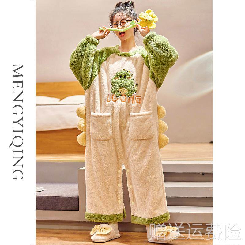 连体睡衣女冬2023年新款冬季珊瑚绒加绒加厚可外穿连帽家居服冬天