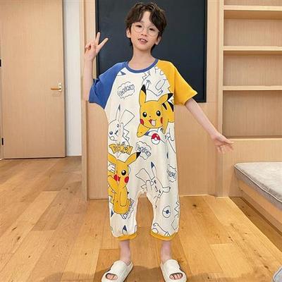 皮卡丘儿童连体睡衣男童夏季短袖中大童卡通男孩遮肚子家居服防踢