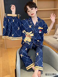 2023男童睡衣夏季薄款冰丝短袖三件套儿童卡通中大童小男孩家居服