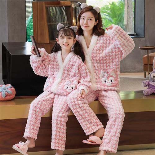 女童睡衣珊瑚绒冬季加厚亲子母女装儿童法兰绒可爱女孩家居服套装