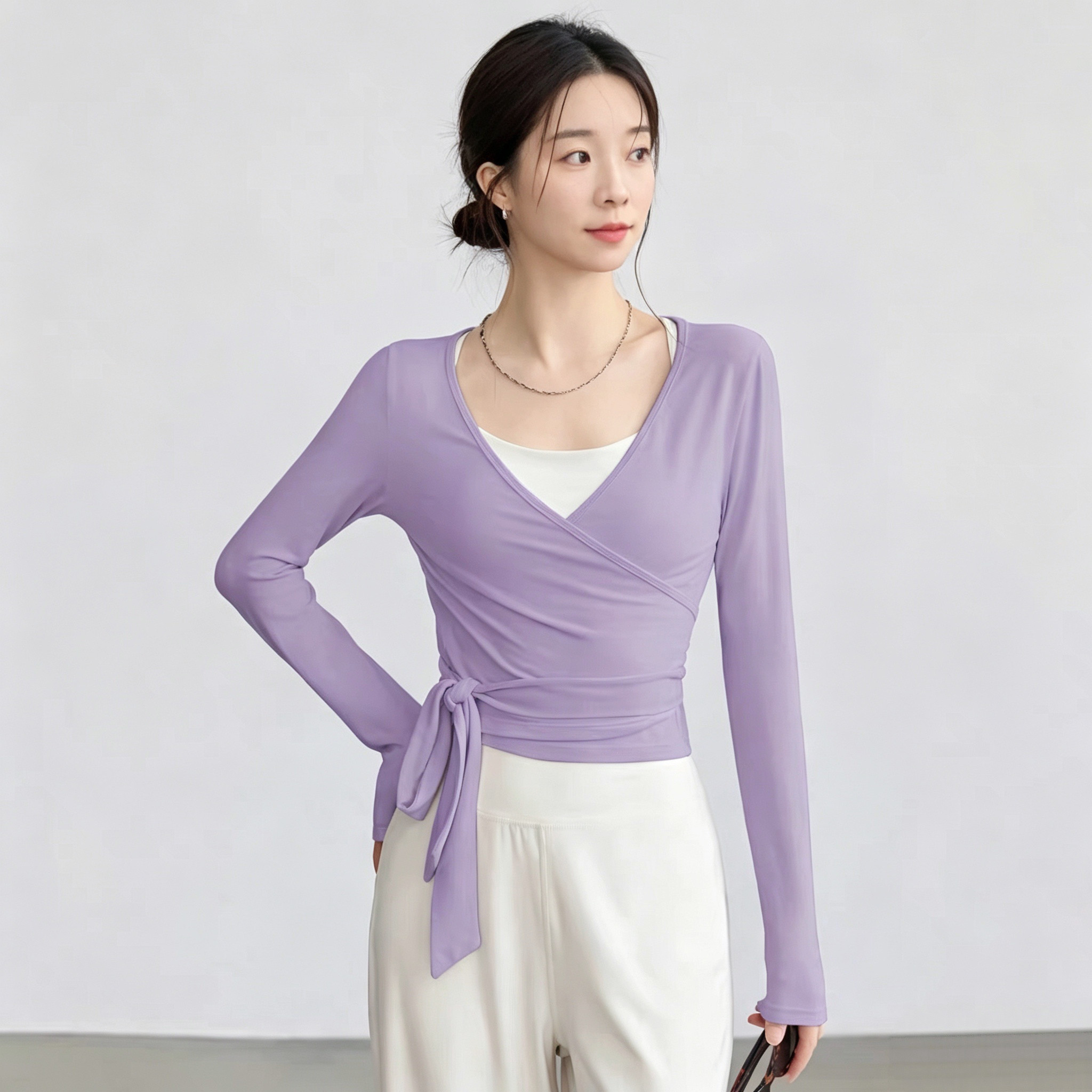 女士长袖瑜伽服罩衫女普拉提训练服健身运动上衣外穿绑带舞蹈长袖