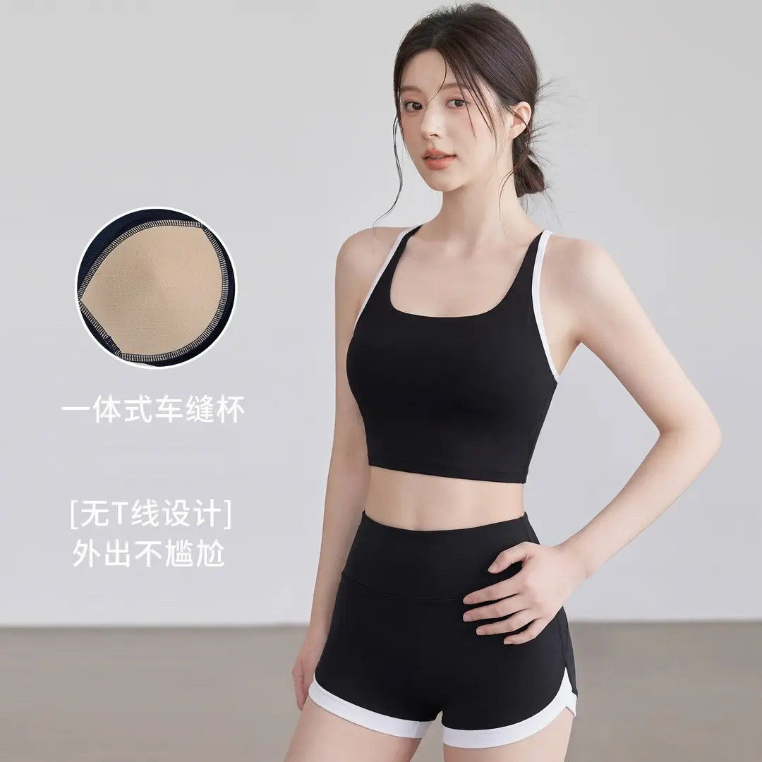 新款拼色美背瑜伽服运动套装女紧身防震聚拢内衣跑步提臀短裤夏