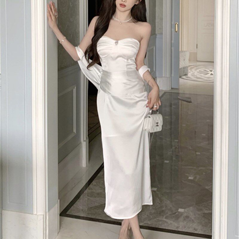 速发白色抹胸名衣裙连媛气质高级感性感法式生日pt服小礼y裙