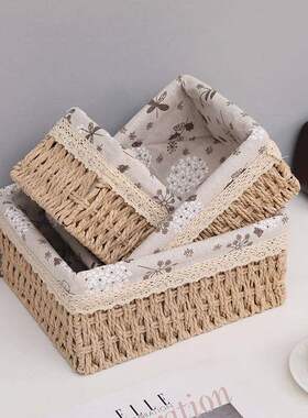 速发创意玄杂草编收纳放摆件进门口盘收纳盒客厅欧式鞋柜关物收纳