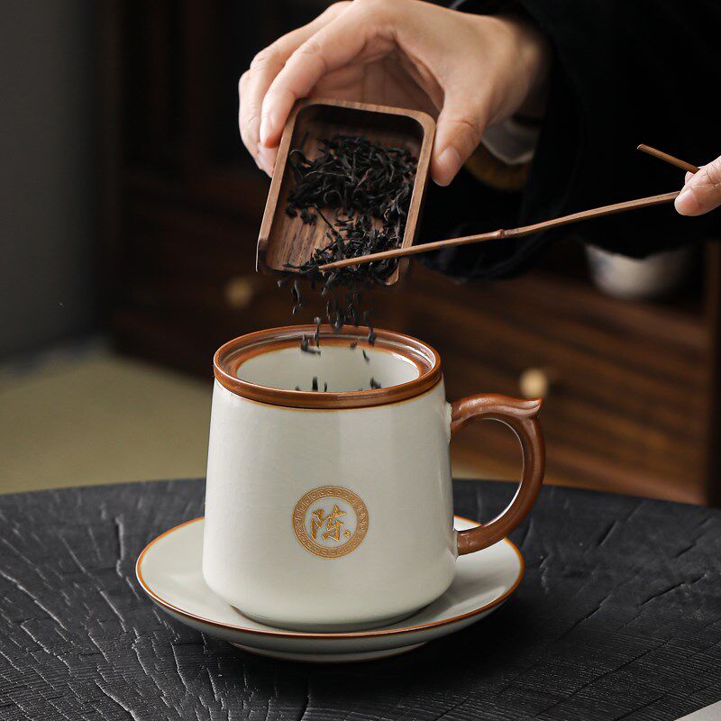 速发汝窑办公杯茶水分离杯茶杯陶瓷杯泡茶杯个人专用男士水杯