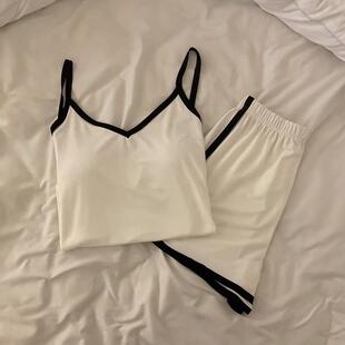 家居服 ins系凉感心睡衣带女夏季 吊背短裤 带胸垫简约韩BXG薄款 套装