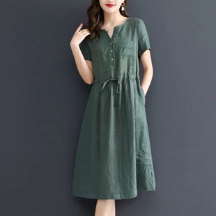 十三行棉麻连衣裙女2026年夏季新款中年妈妈时尚洋气亚麻苎麻裙子