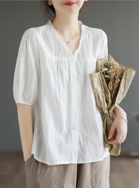 白色棉麻衬衫女士夏季2025新款妈妈时尚高端宽松苎麻亚麻上衣短袖
