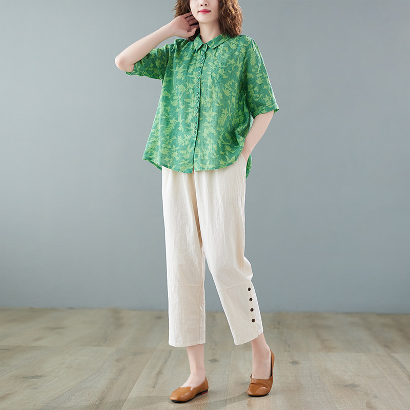 棉麻休闲套装女士夏天新款妈妈时尚亚麻复古宽松上衣九分裤两件套