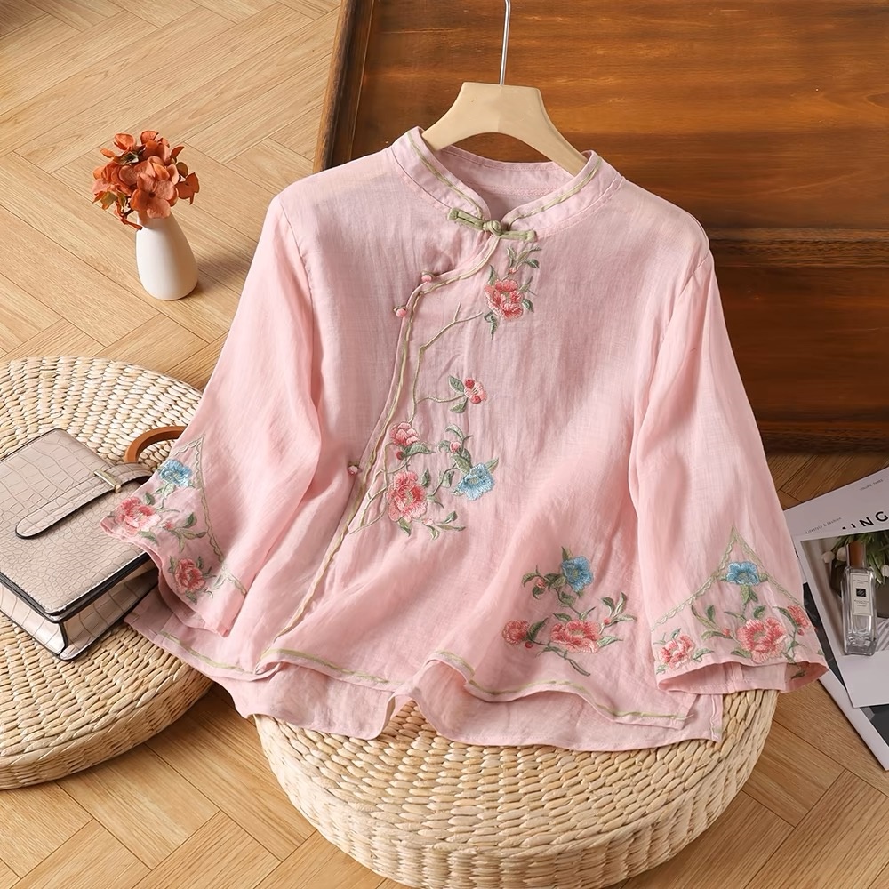 刺绣盘扣茶服苎麻小衫