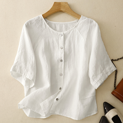 高端亚麻棉麻白色短袖衬衫