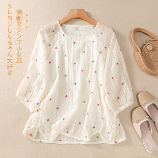 七分袖 宽松棉麻衬衣新款 小衫 亚麻短袖 套头 薄款 衬衫 苎麻上衣女夏季