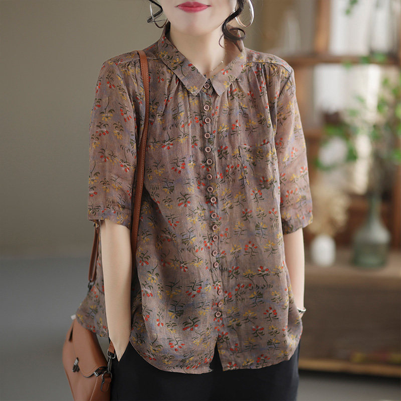 中年妈妈薄款麻料立领五分袖T恤碎花亚麻上衣衬衫2026夏季新款潮
