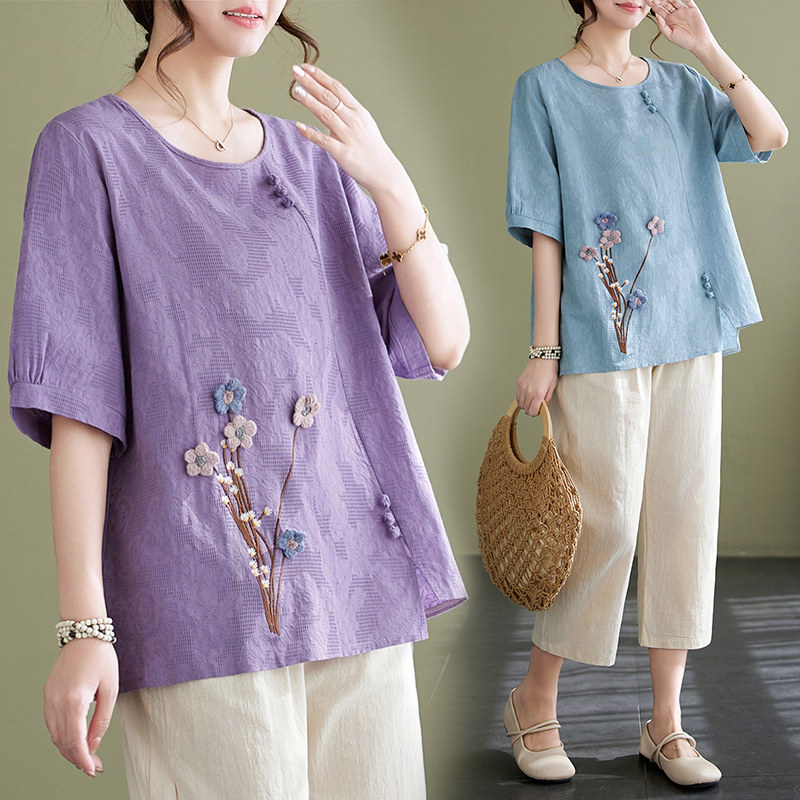 中老年妈妈夏装新款棉麻宽松短袖T恤套装新中式国风阔腿裤两件套,女装/女士精品,大码套装,淘宝优惠券,粉丝福利购,淘宝优惠卷