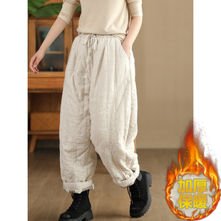 东北零下40度防寒裤 新款 子 女士2025冬季 复古纯色亚麻夹棉加厚棉裤