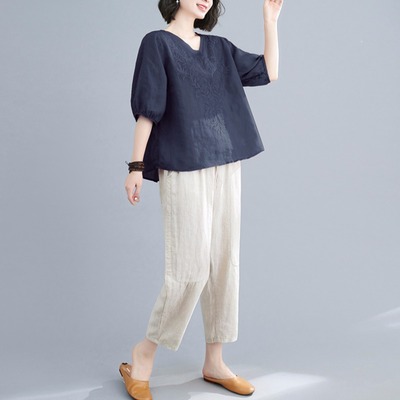 夏季2025新款中年妈妈棉麻套装女