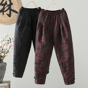 复古盘扣阔腿萝卜裤 国风重工提花哈伦棉裤 小脚裤 夹棉妈妈装 女冬季