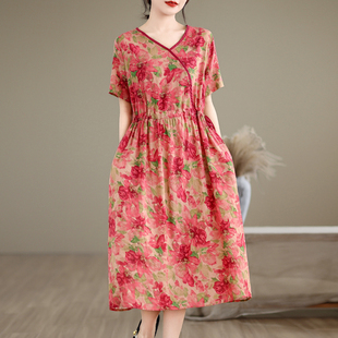 碎花棉麻连衣裙女夏2026新款妈妈超火减龄亚麻宽松十三行爆款裙子