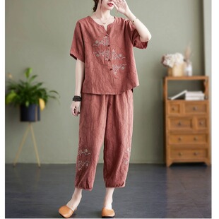 中老年女装妈妈装2026夏装新款棉麻短袖上衣夏款刺绣两件套装洋气