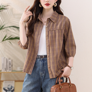 高级感休闲中袖 女士2025早秋新款 上衣外套 普宁衬衫 纯棉格子五分袖