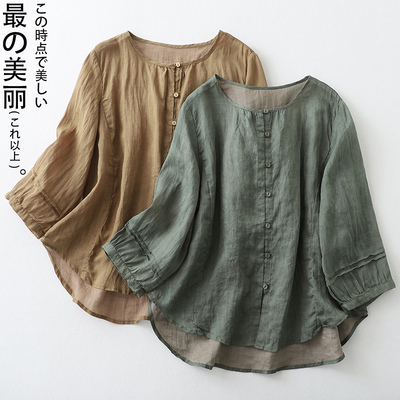 妈妈夏装棉麻七分袖上衣女高端
