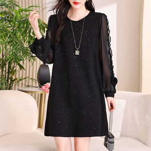 法式轻奢亮闪黑色长袖连衣裙女2026新款早春大码胖mm宽松打底裙子