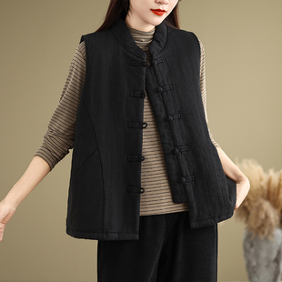新中式国风上衣马甲黑色夹棉唐装无袖外套盘扣马夹背心女外搭秋冬