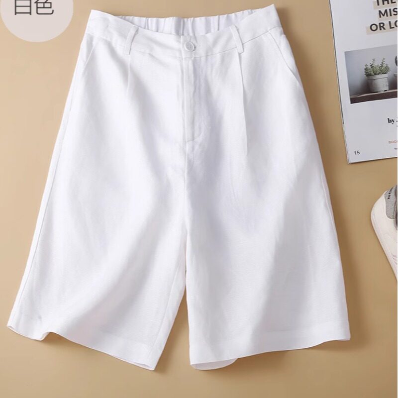 白色棉麻短裤女夏季薄款高端亚麻中裤妈妈夏天宽松休闲苎麻五分裤