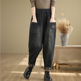 休闲复古阔腿老爹裤 广州十三行新款 女士秋冬季 加绒加厚哈伦牛仔裤