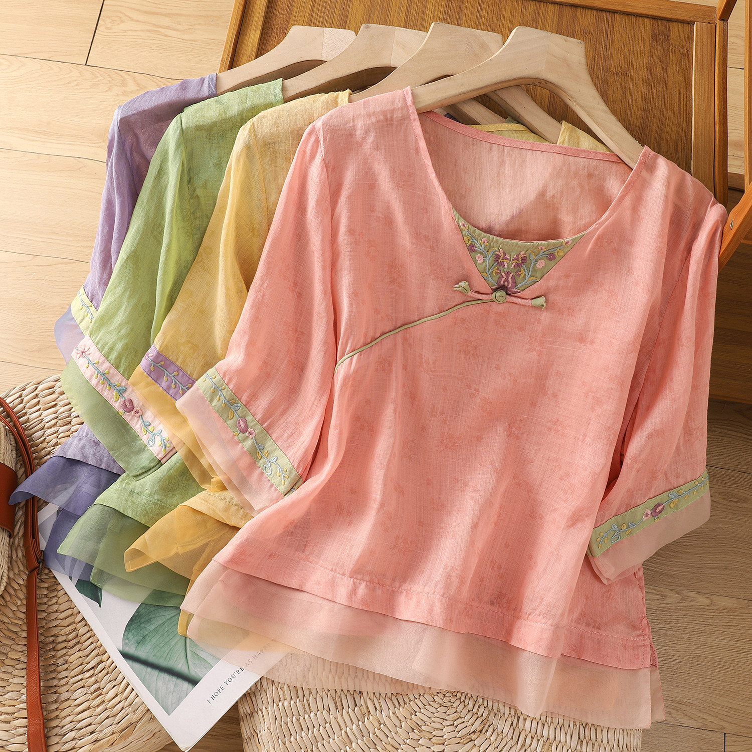新中式国风盘扣绣花亚麻苎麻短袖衬衫女夏季大码显瘦妈妈棉麻上衣,女装/女士精品,T恤,淘宝优惠券,粉丝福利购,淘宝优惠卷