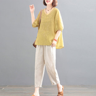 2026妈妈装夏款年轻棉麻女套装休闲胖mm显瘦遮肚子肉大码夏装新款