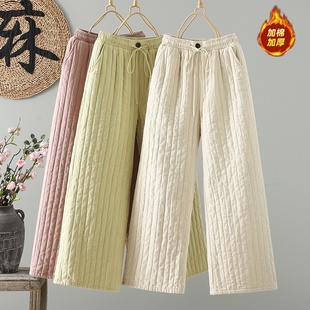宽松显瘦直筒休闲裤 超好看棉裤 子 女外穿秋冬款 夹棉加厚苎麻阔腿裤