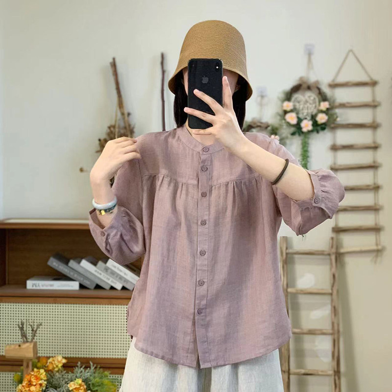 2025新款妈妈夏装中袖苎麻衬衫