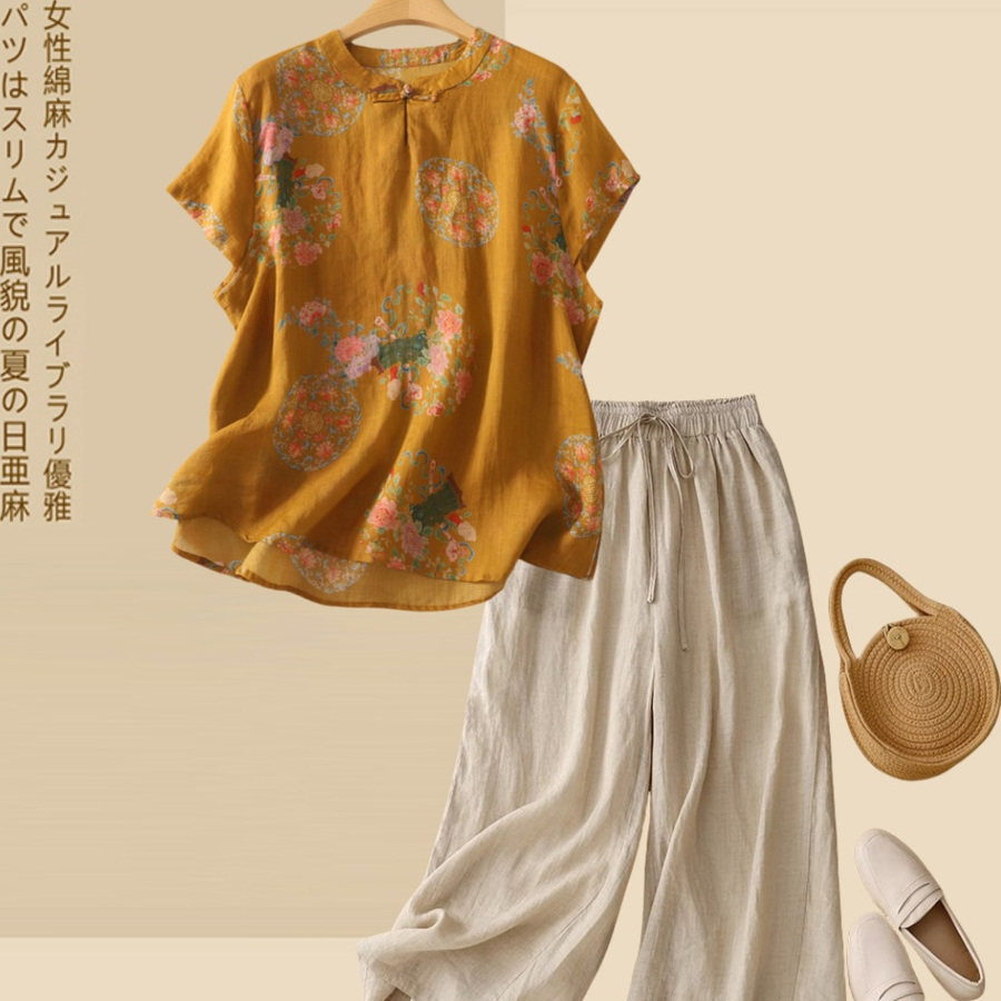民族风新中式印花棉麻小衫女中年妈妈夏装禅意斜襟阔腿裤两件套女,女装/女士精品,时尚套装,淘宝优惠券,粉丝福利购,淘宝优惠卷