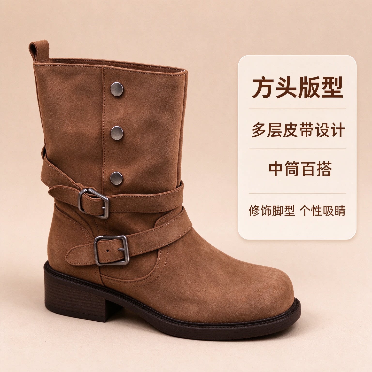 美拉德皮带扣粗跟不累脚骑士靴