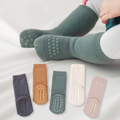 宝宝地板袜婴儿袜子秋天纯色加厚棉袜新生儿学步袜防滑隔凉中筒