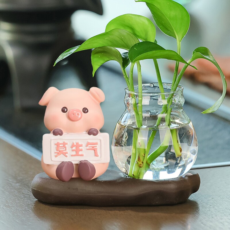 创意有趣莫生气办公室装饰摆件可爱宠物猪绿植水培小花瓶装饰