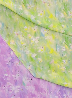 夏季粉紫色黄绿色真丝双绉布料 弹力桑蚕丝精灵印花旗袍衬衫面料