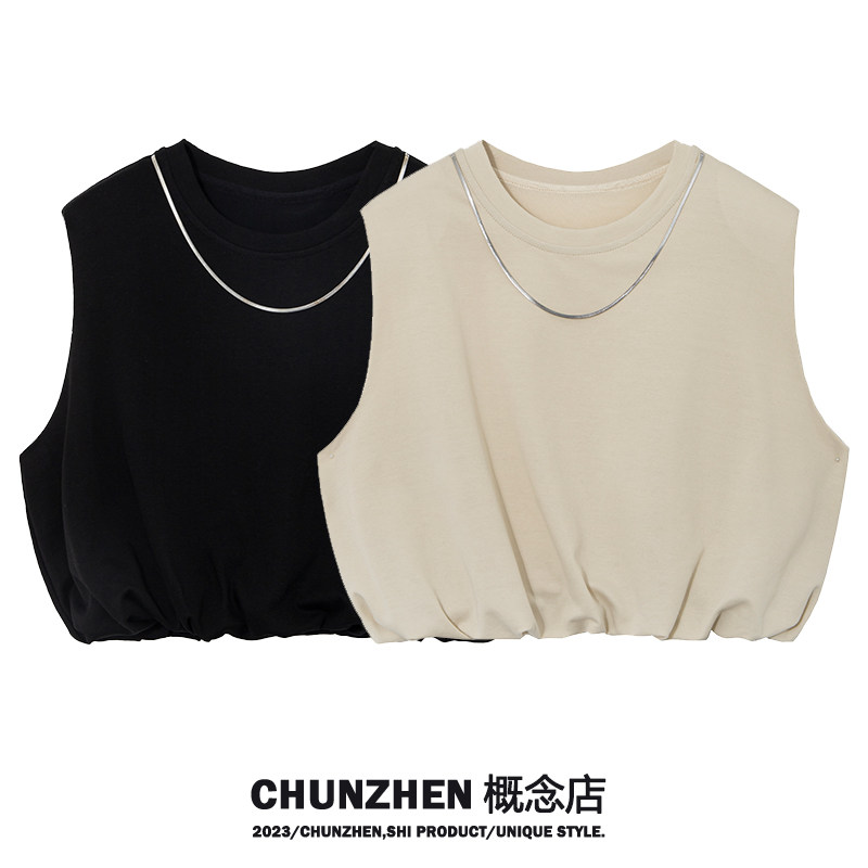 CHUNZHEN 도파민 어깨 민소매 티셔츠 여성 여름 디자인 조끼 라운드 넥 바닥 짧은 탑