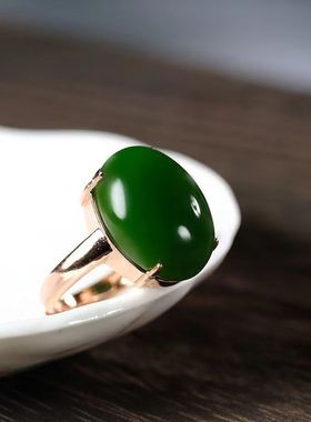 和田玉戒指玫瑰金碧玉戒指蛋B面菠菜绿K金金镶玉戒指女戒