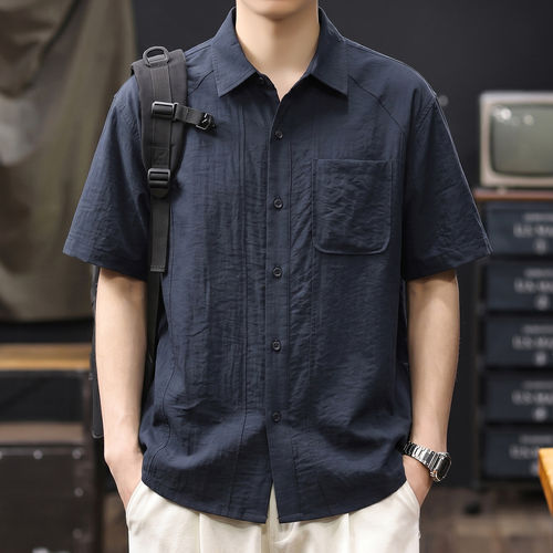 美式经典复古亚麻短袖衬衫男2026夏季新款凉爽透气轻薄男士衬衣潮