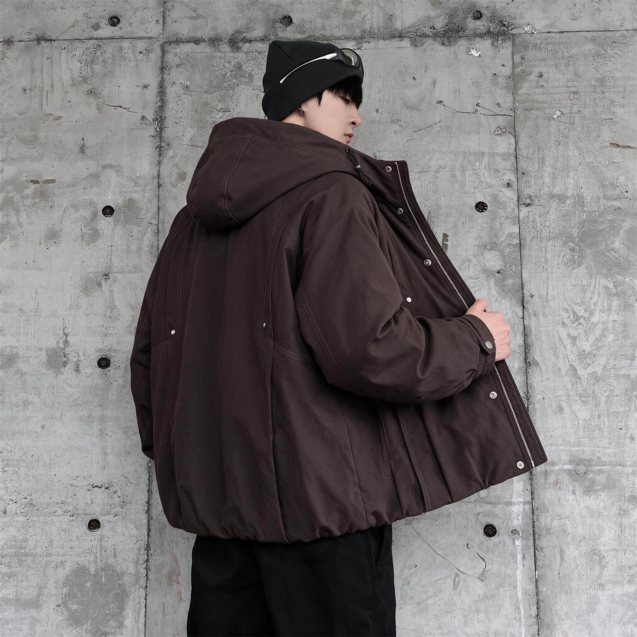 立体裁剪干练复古哑光羽绒服潮胖子男加肥加大码老钱风连帽白鸭绒