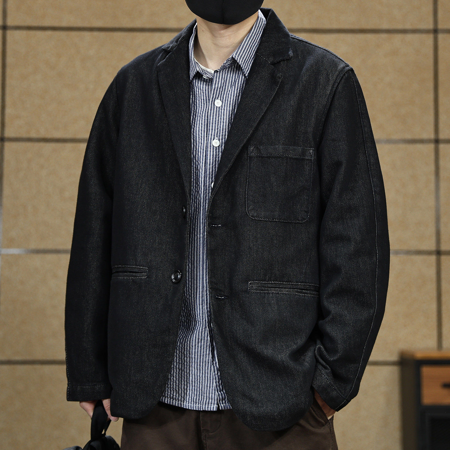 美式复古牛仔西装外套男士秋冬季新款宽松潮牌做旧水洗夹克西服男