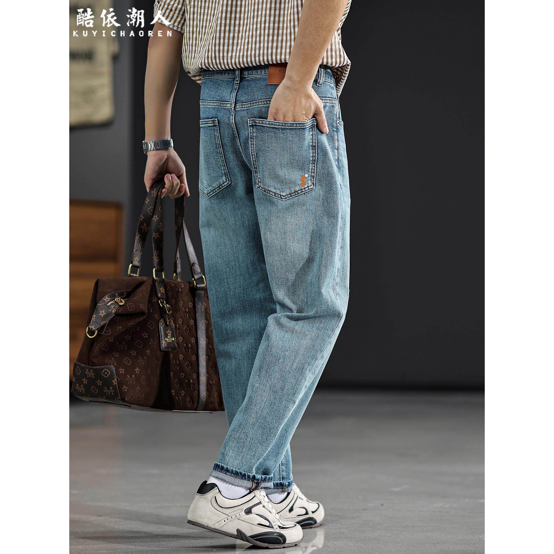 弹力微锥小直筒牛仔裤男2026新款春季怀旧蓝水洗潮流百搭裤子大码